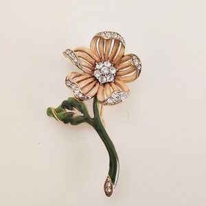 Nolan Miller Signed Flower Brooch Pin Rhinestone Enamel Gold Tone Vintage
